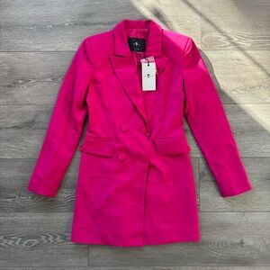 7 For All Mankind Hot Pink Double Breasted Longline Satin Long Sleeve Blazer